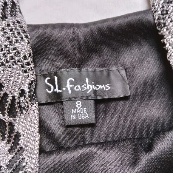 Vintage S.L. Fashions Black Silver Flapper Gothic Maxi Dress Fringe Size 8 - Picture 5 of 10